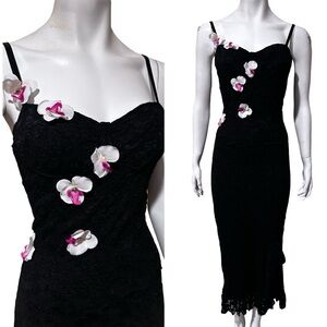 Vintage Maggie Berry Black Lace Bodycon w/3D Floral Appliqué Y2K Midi Dress